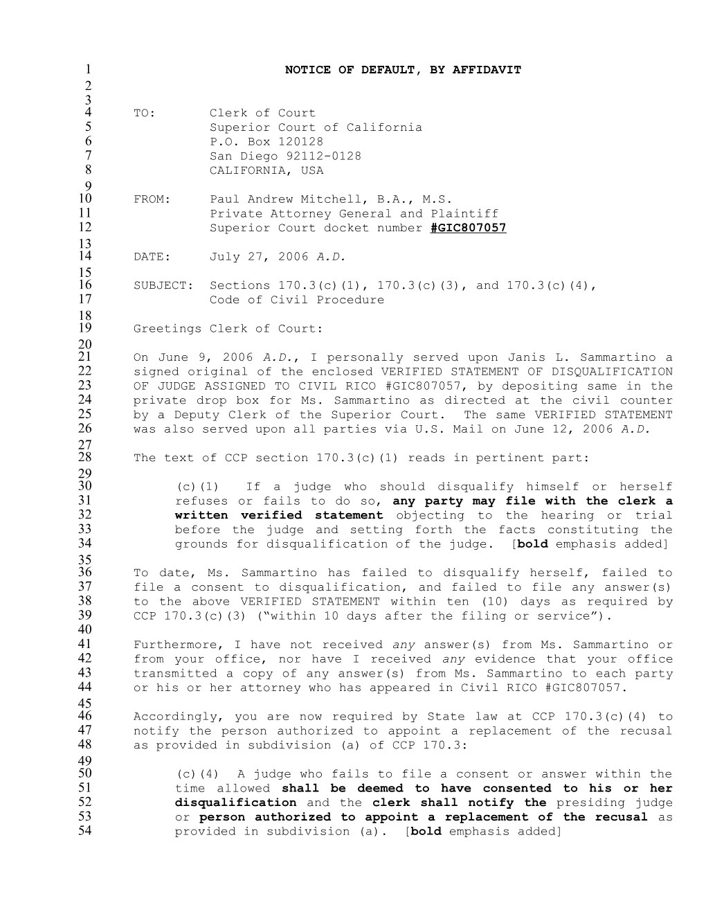 Notice of Default, by Affidavit