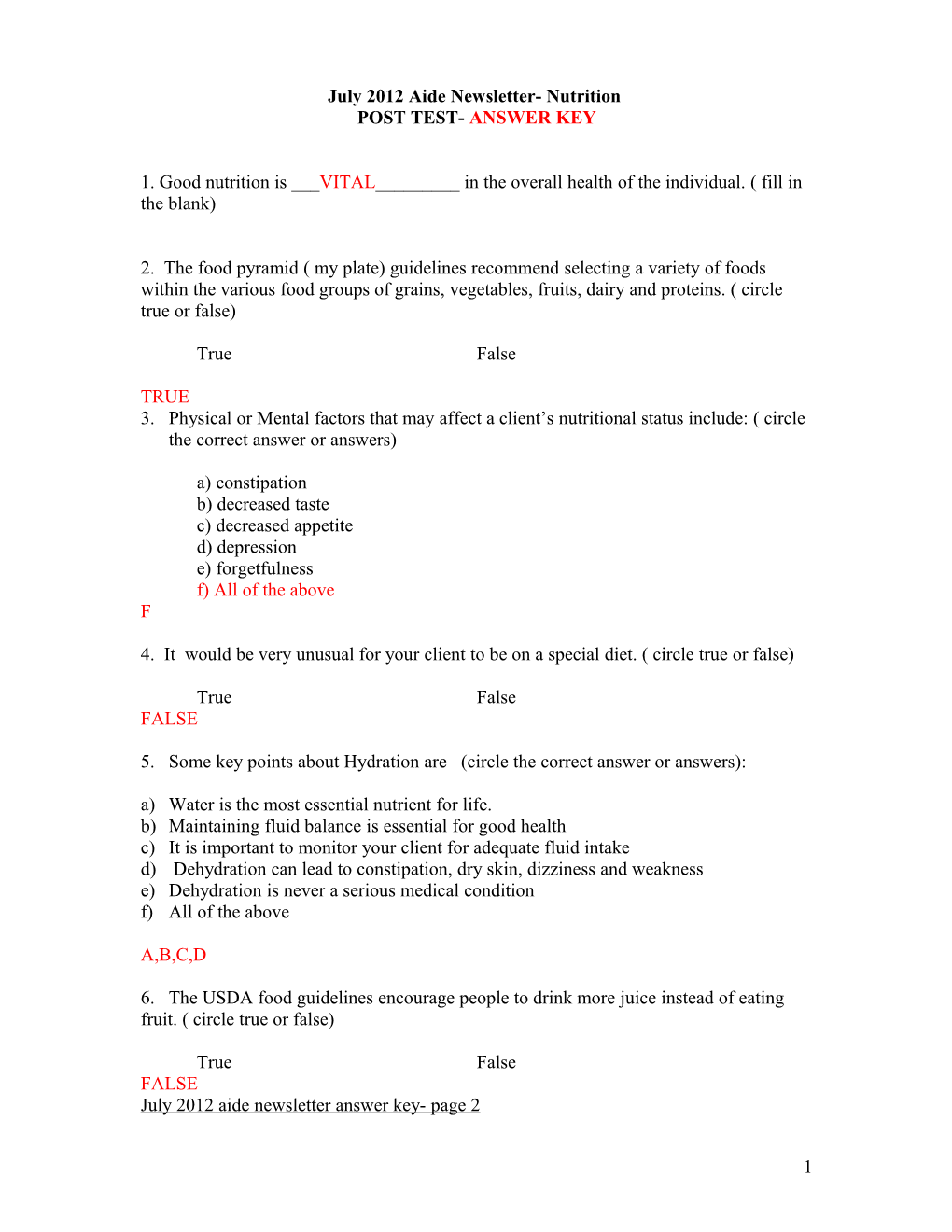 Post Test- Answer Key