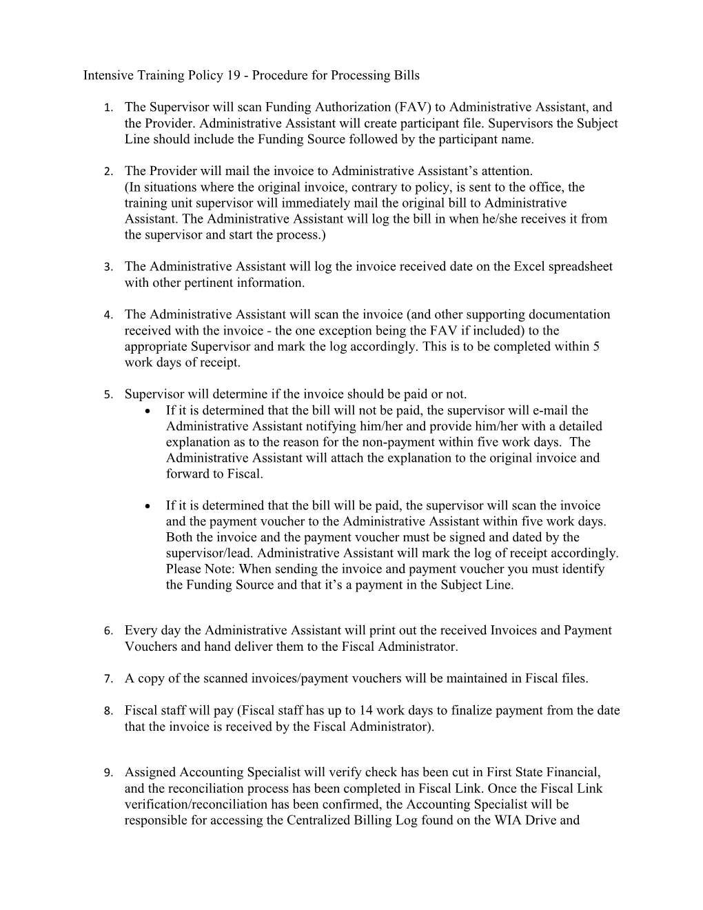 Intensive Training Policy 19 - Procedure for Processing Bills