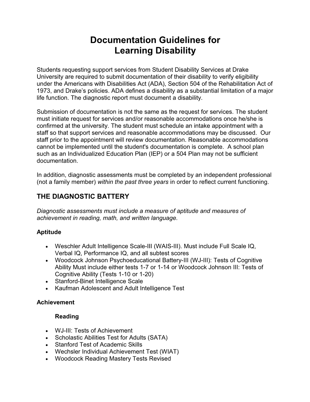 Required Documentation for a Learning Disability