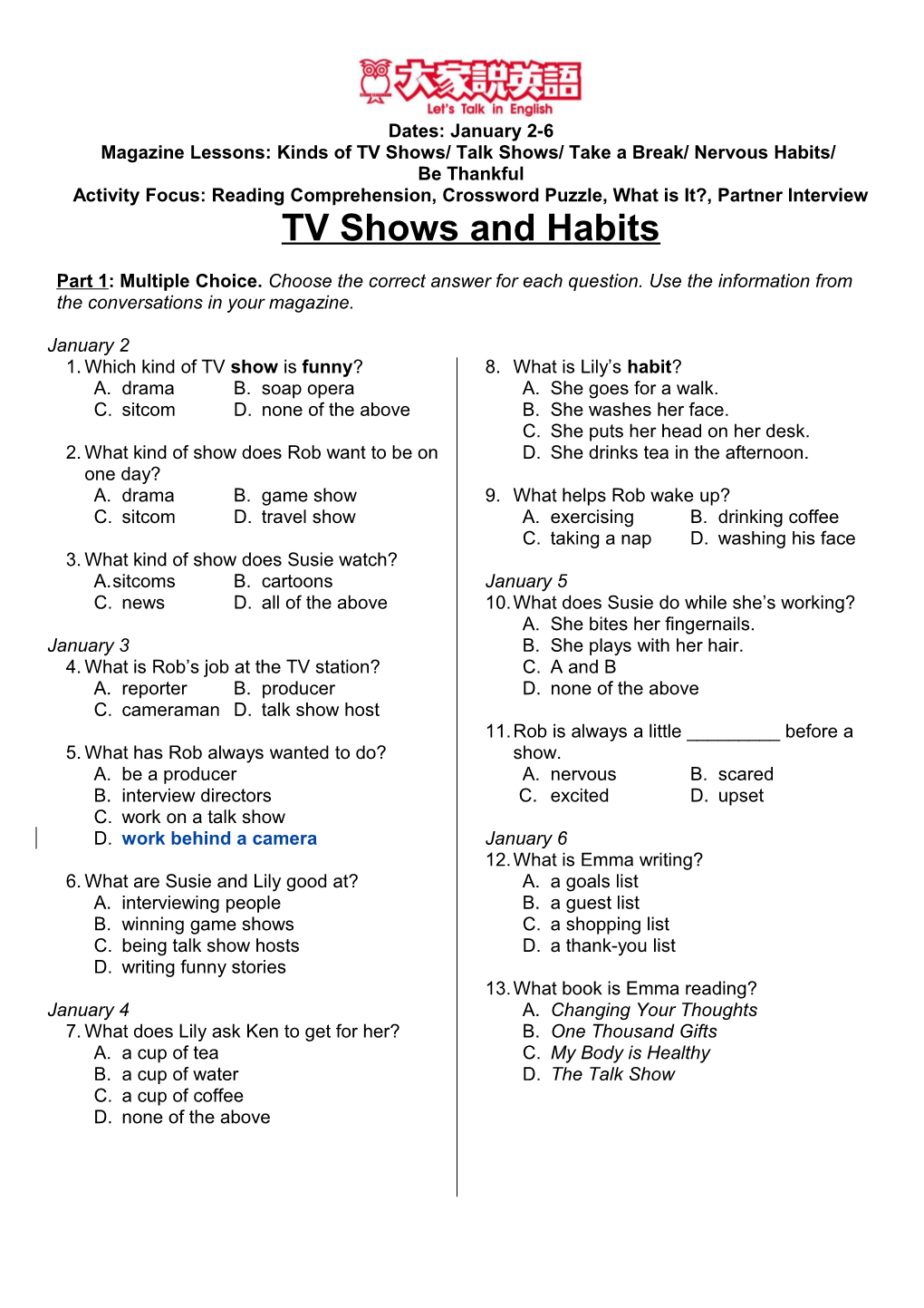 Magazine Lessons: Kinds of TV Shows/ Talk Shows/ Take a Break/ Nervous Habits