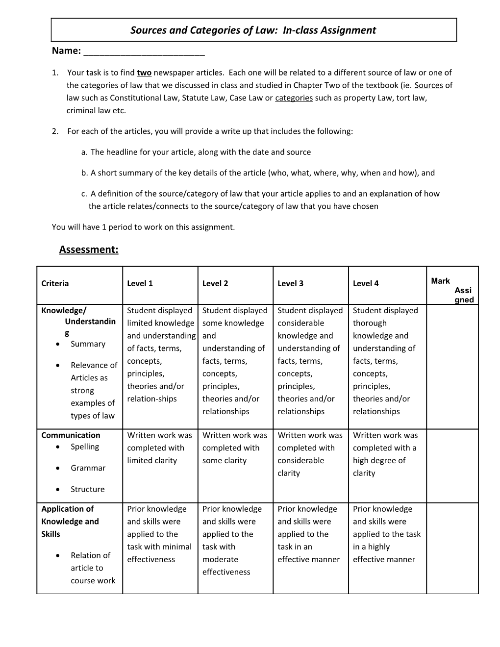 Sources and Categories of Law: In-Class Assignment