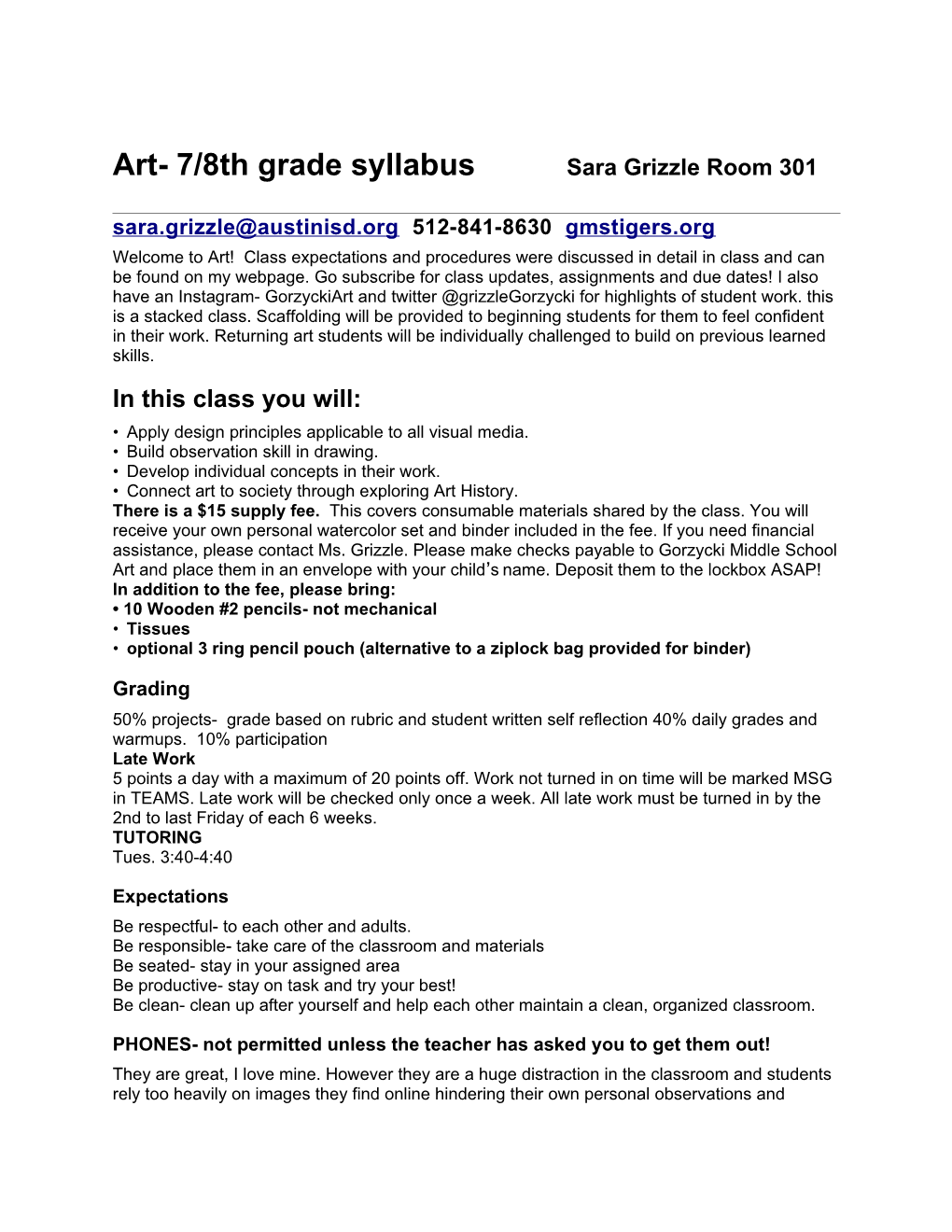 Art- 7/8Th Grade Syllabus Sara Grizzle Room 301