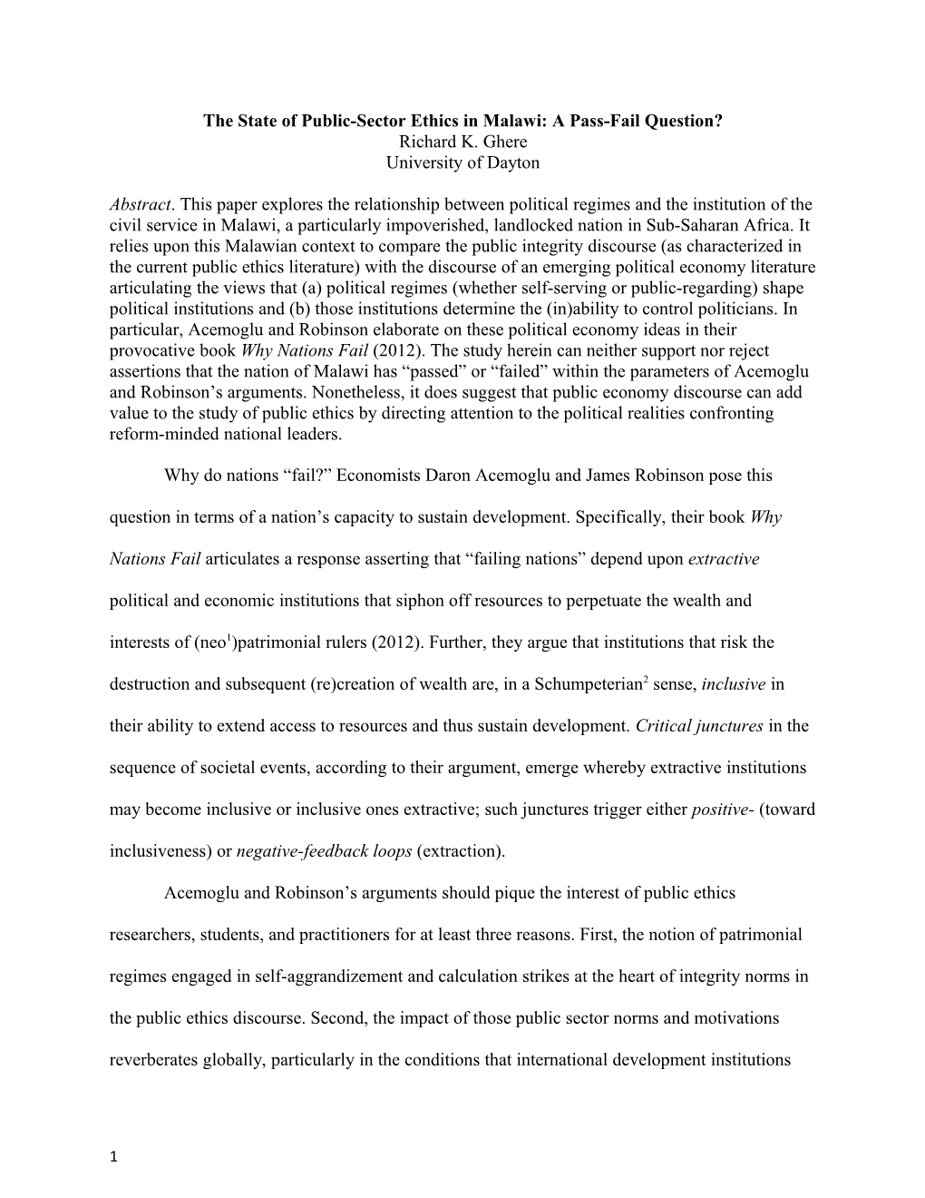 The State of Public-Sector Ethics in Malawi: a Pass-Fail Question? Richard K. Ghere