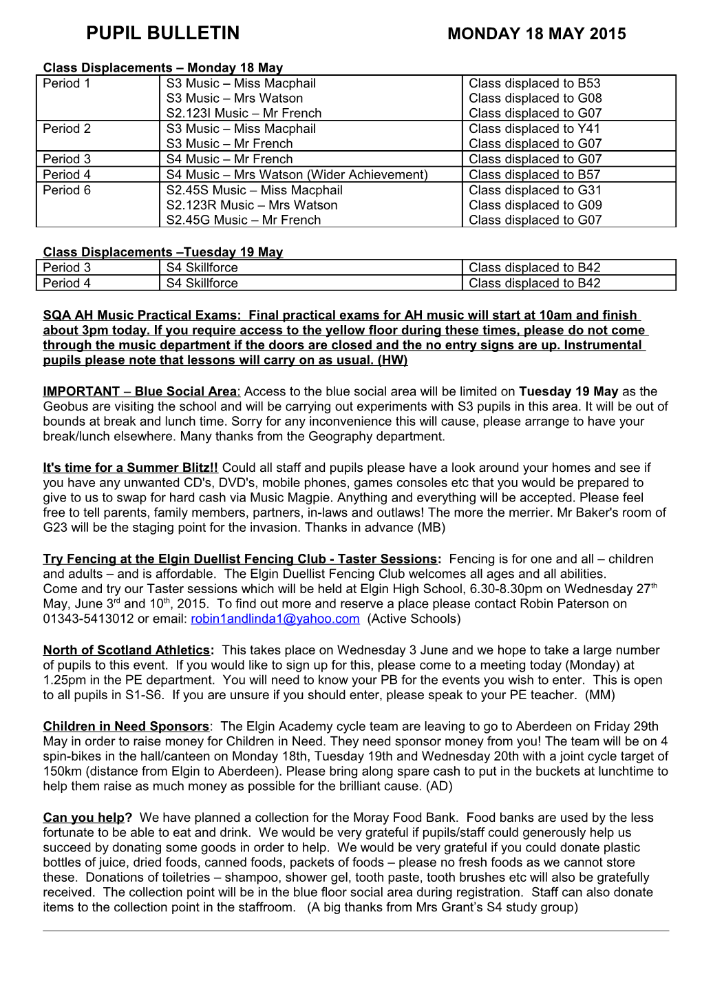 Class Displacements Monday 18 May