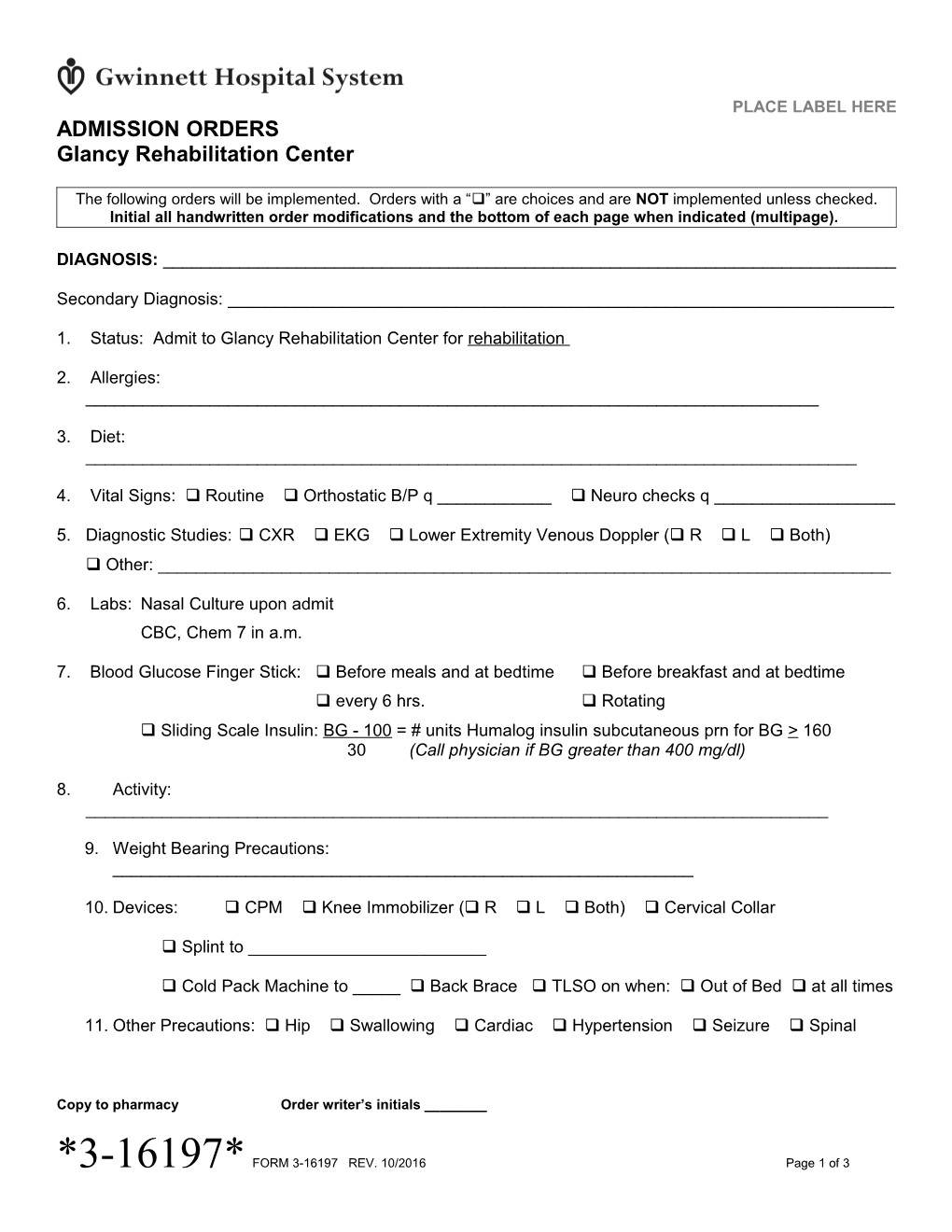 Admission Orders Glancy Rehabilitation Center