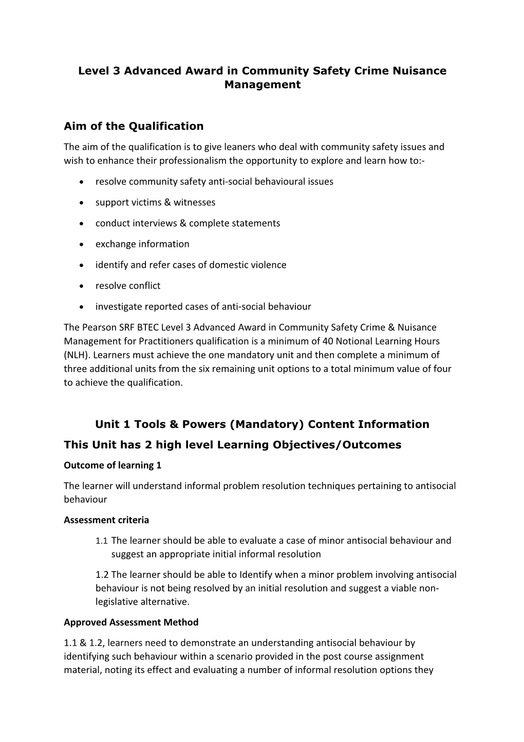 Level 3 Advanced Award in Community Safety Crime Nuisance Management