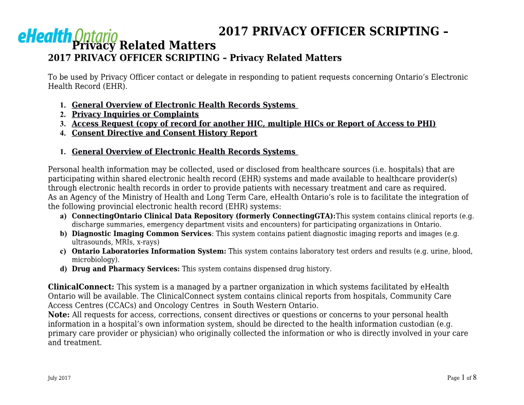 Inquiries and Complaints - EHR - Scripting for Privacy-Related Matters June 2017