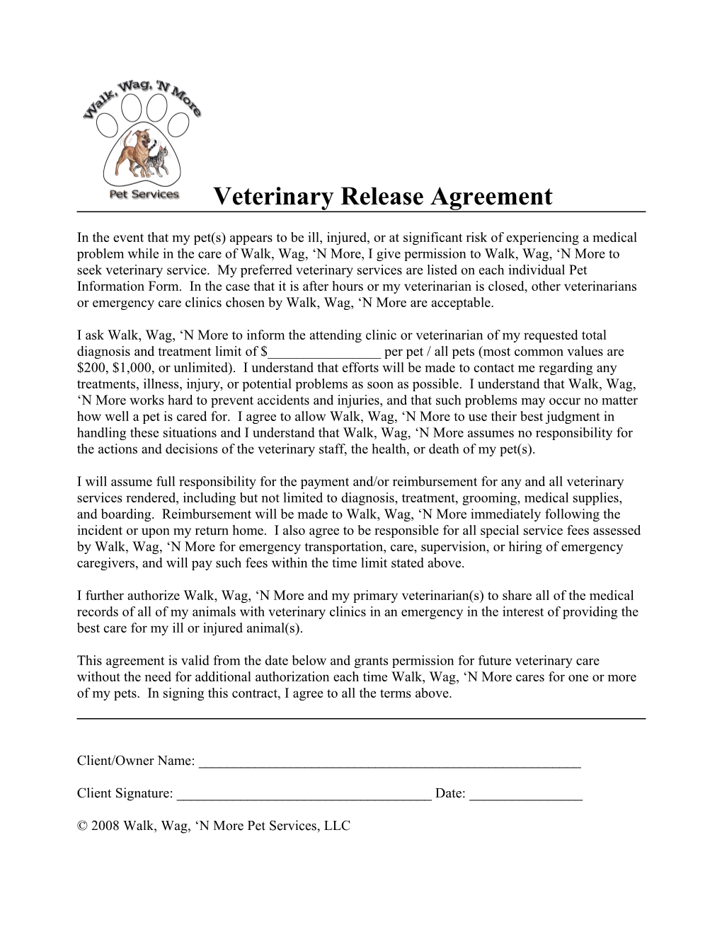 Walk Wag N More Veterinary Release Agreement
