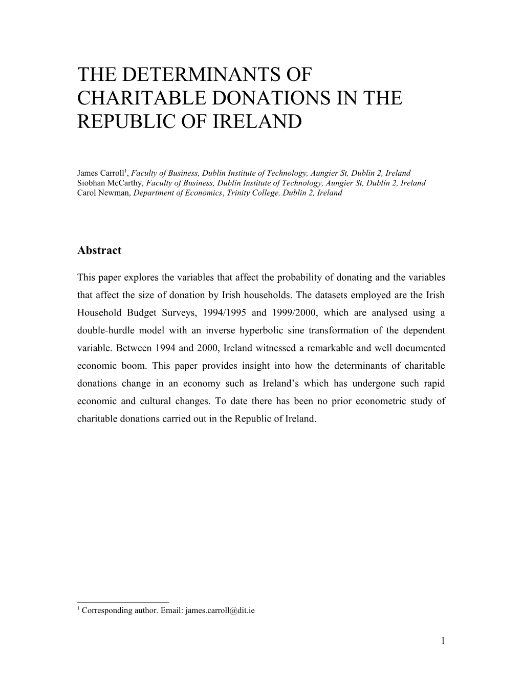 The Determinants of Charitable Donations in the Republic of Ireland