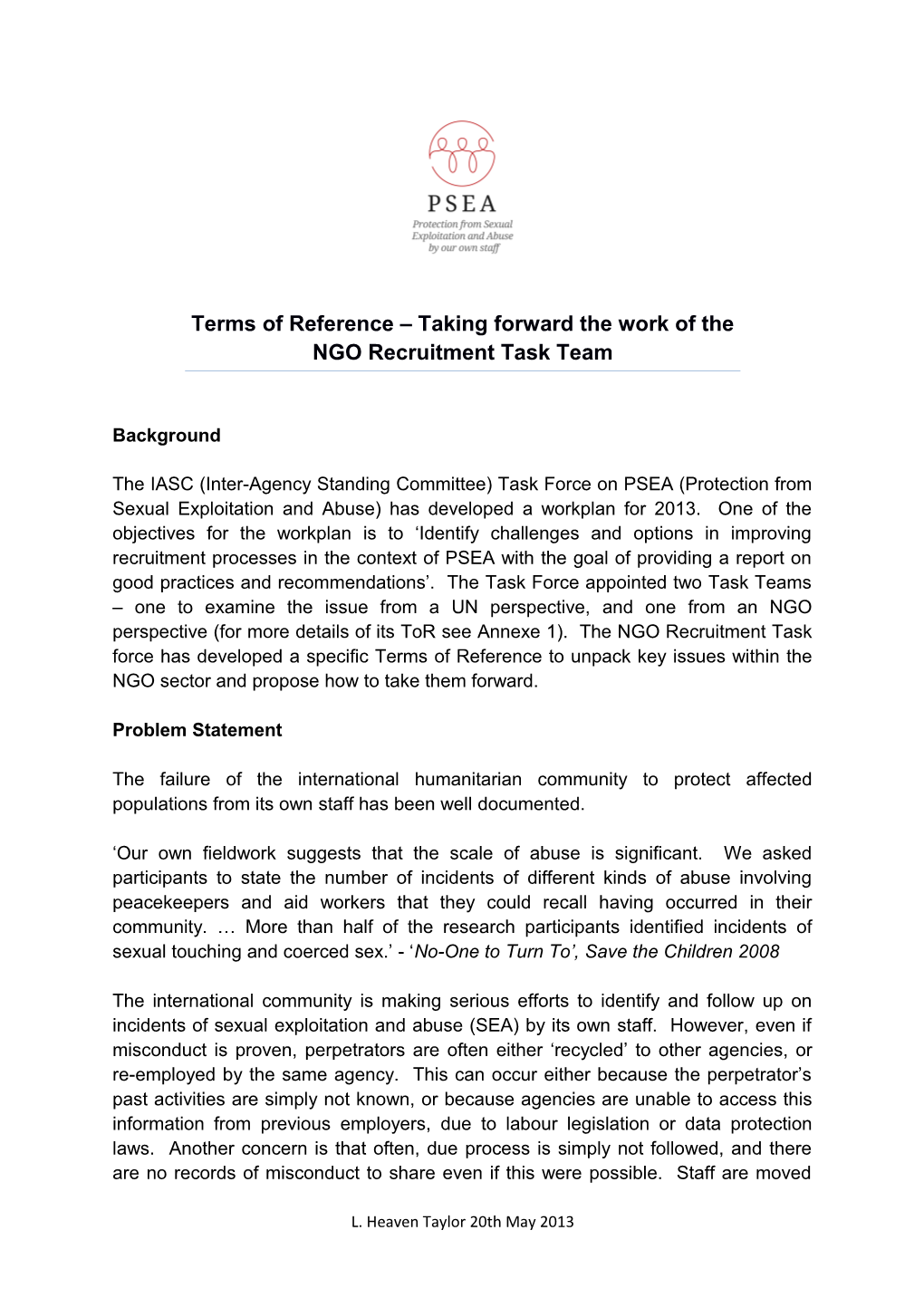 Terms of Reference Taking Forward the Work of the NGO Recruitment Task Team