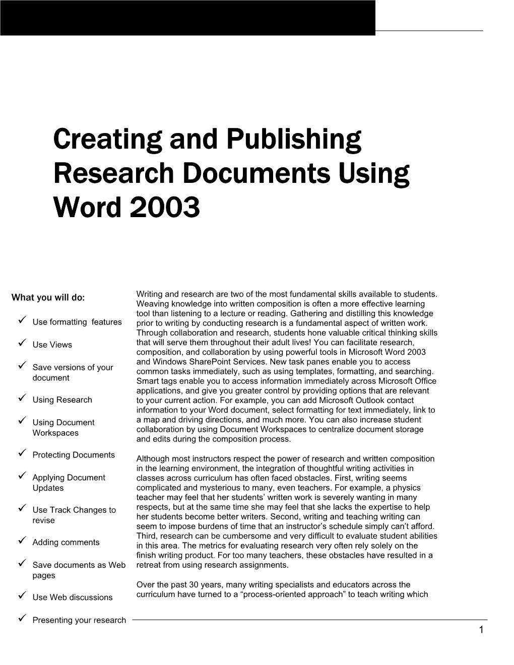 Creating and Publishing Research Documents Using Word 2003