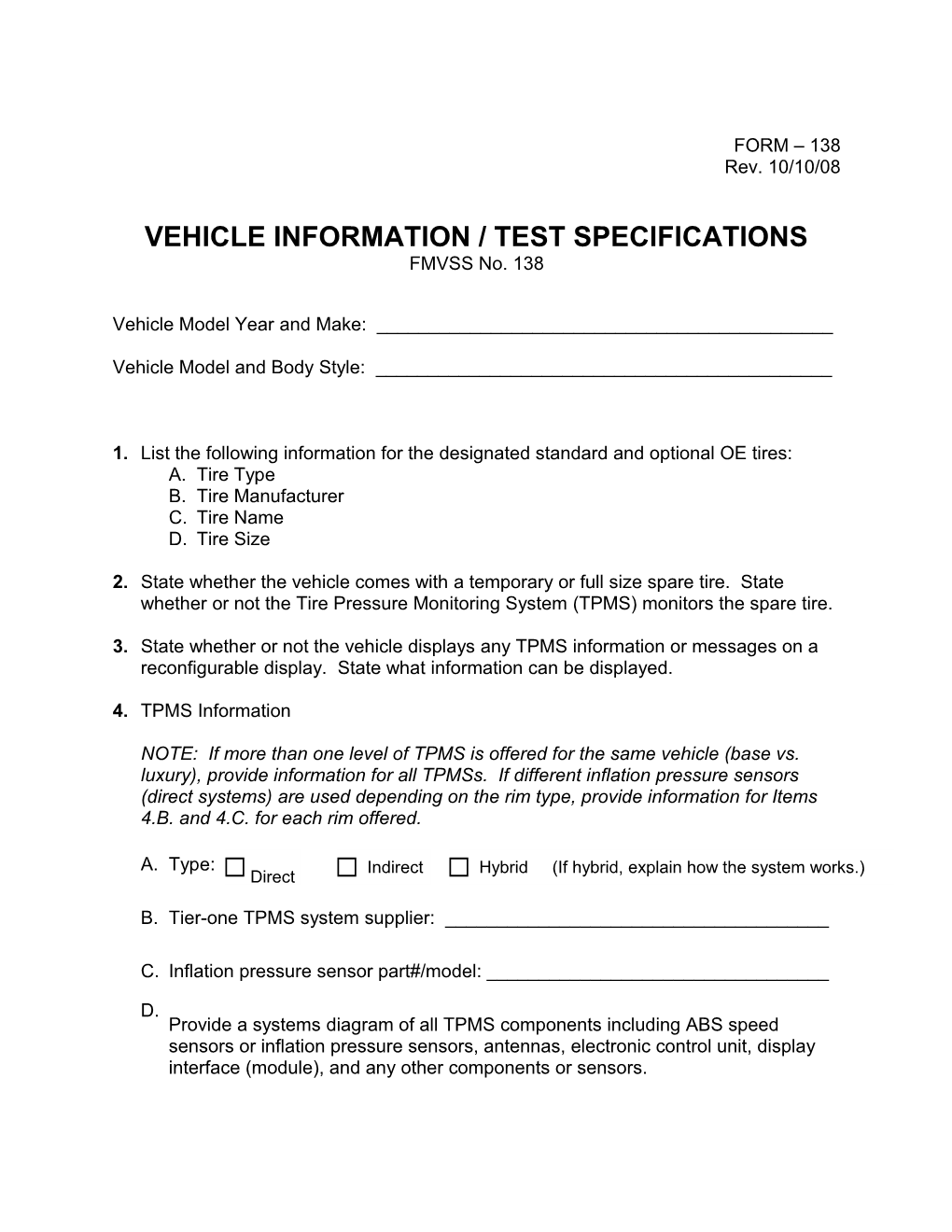 Test Vehicle Information/Test Specifications
