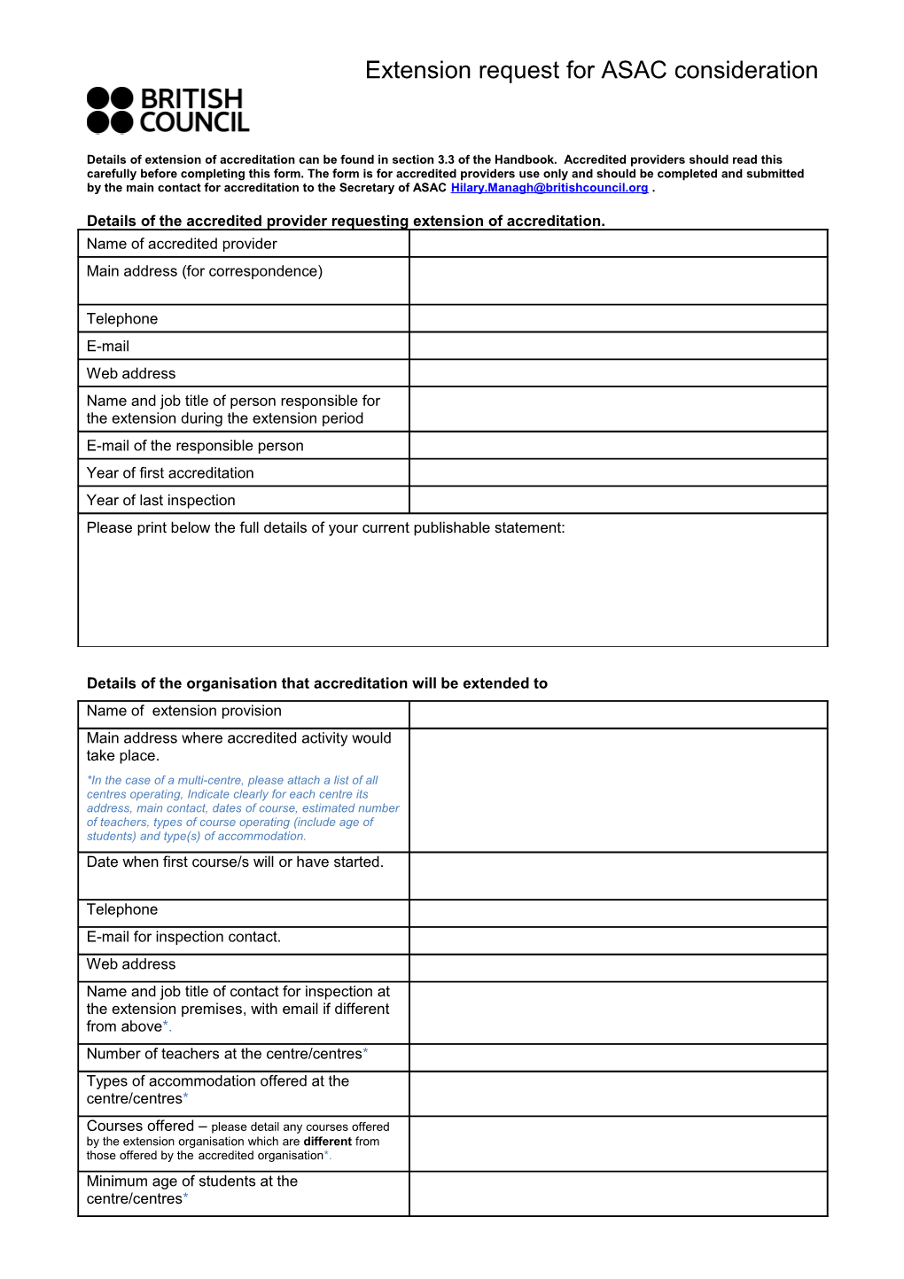 Extension Request for ASAC Consideration