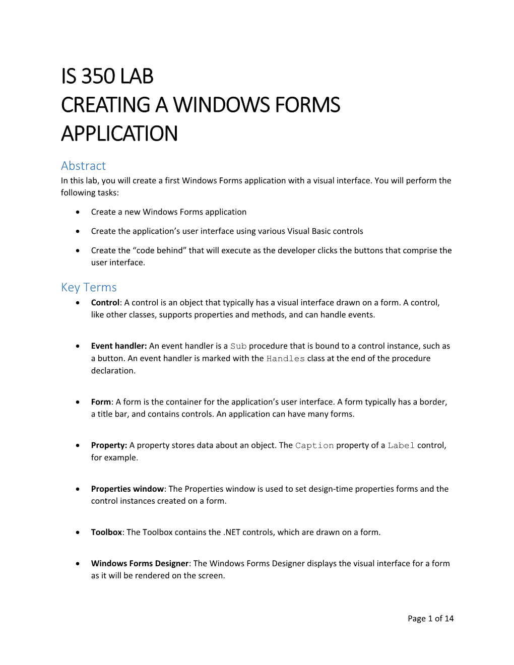 Is 350 Lab Creating a Windows Forms Application