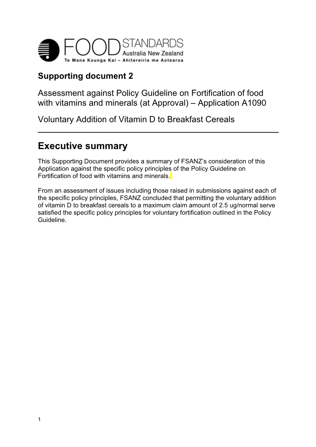 Voluntary Addition of Vitamin D to Breakfast Cereals