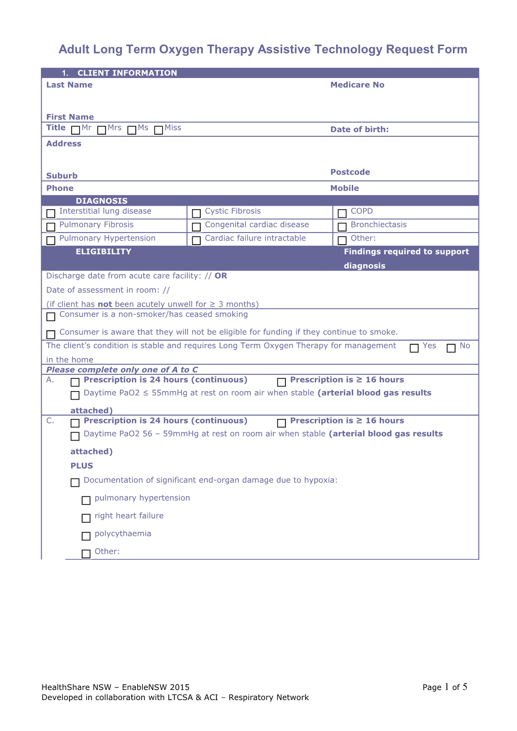 Adult Long Term Oxygen Therapy Assistive Technology Request Form