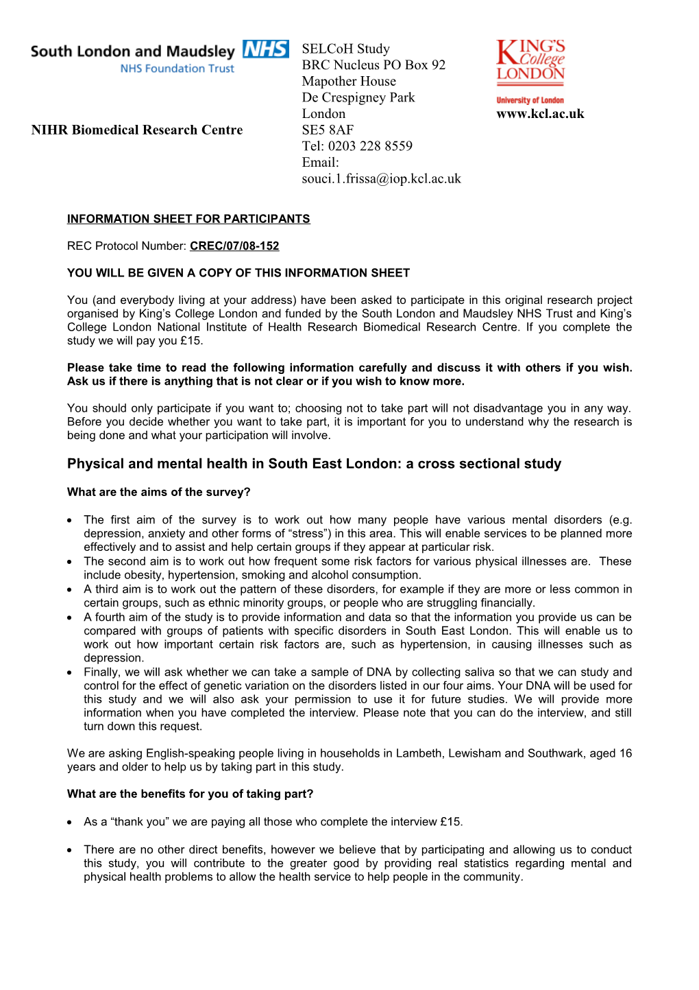 Information Sheet: Survey of Mental Well-Being in South East London