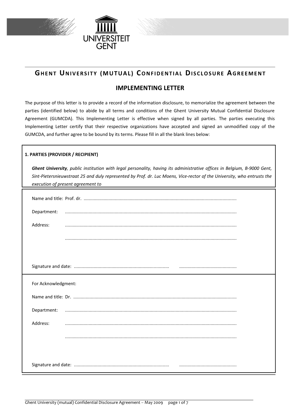 Ghent University (MUTUAL)Confidential Disclosure Agreement