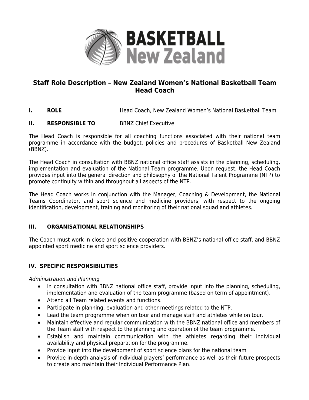 Staff Role Description New Zealand Women S National Basketball Team Head Coach