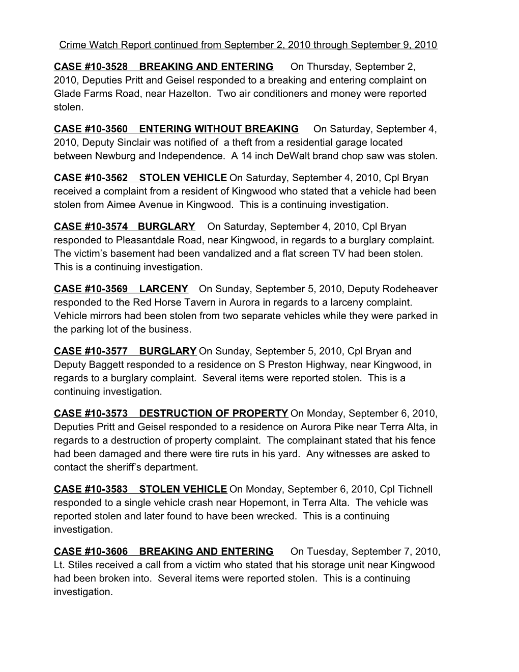 Crime Watch Report Continued from September 2, 2010 Through September 9, 2010