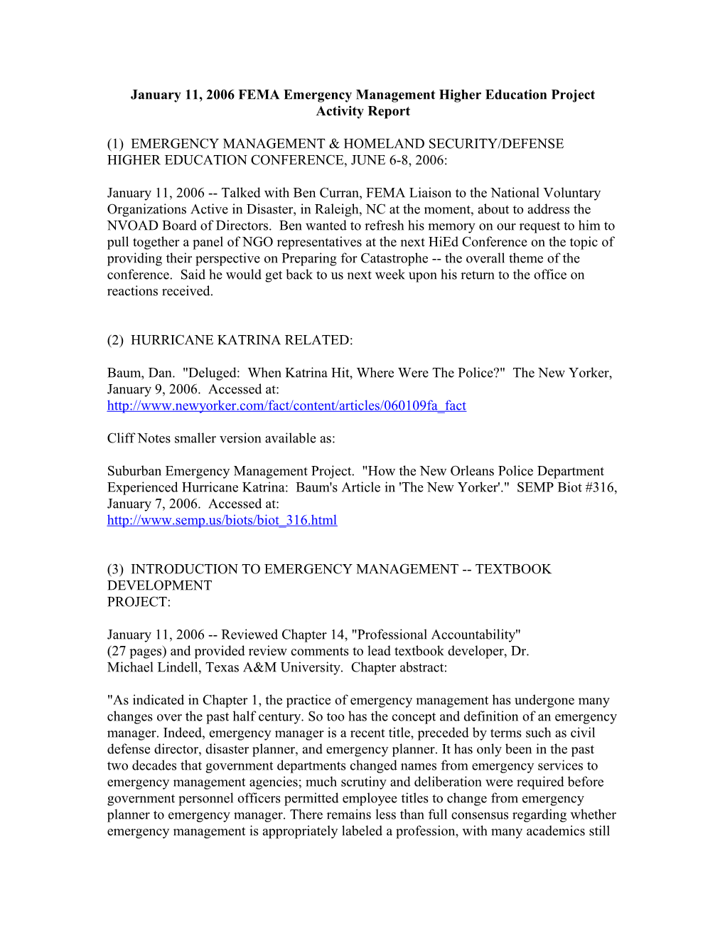 January 11, 2006 FEMA Emergency Management Higher Education Project Activity Report