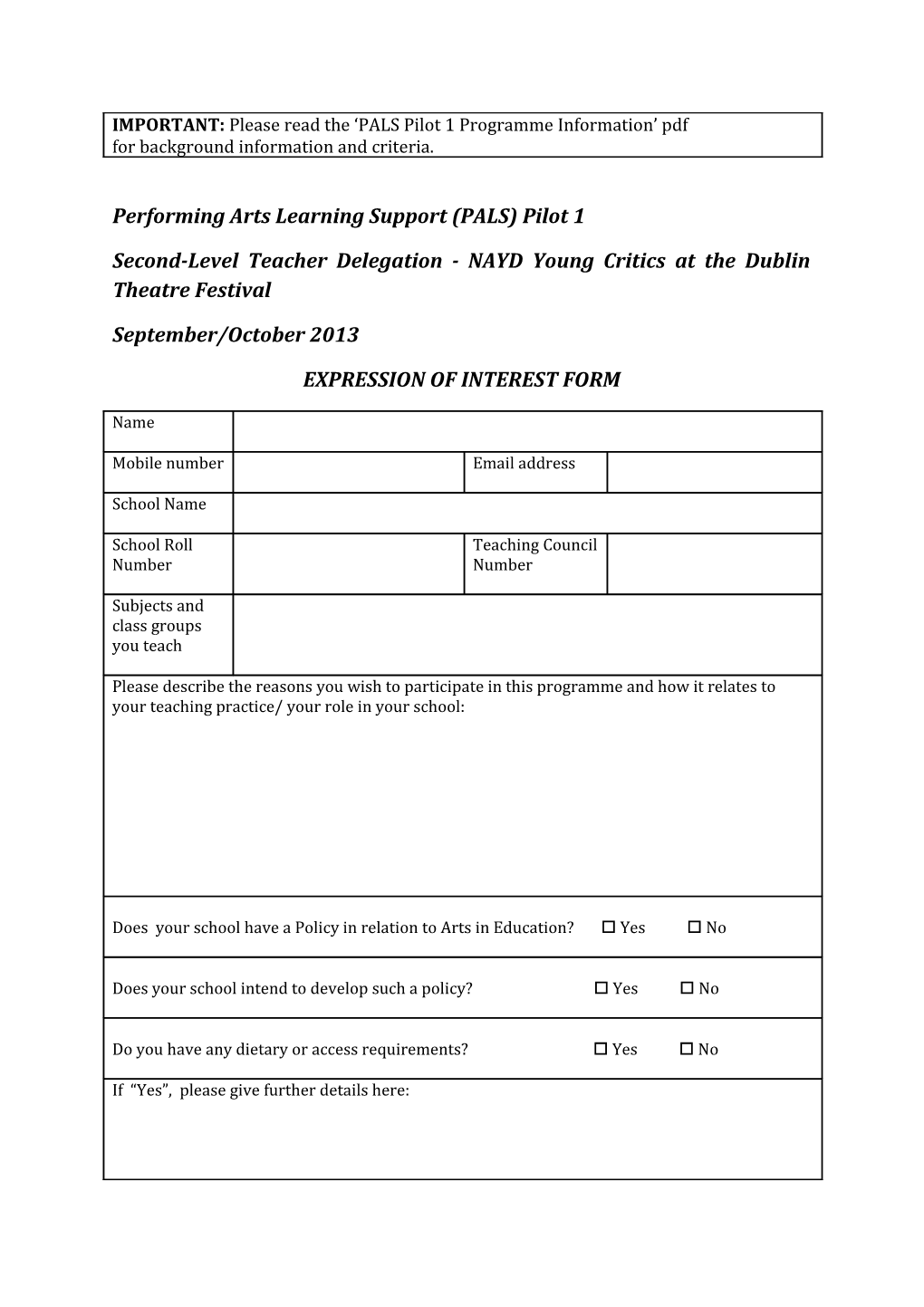 Performing Arts Learning Support (PALS) Pilot 1