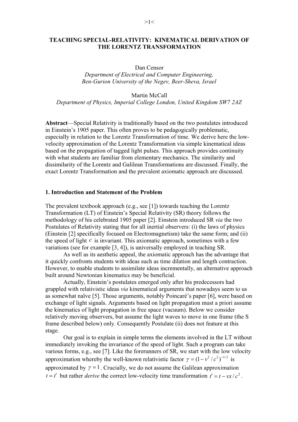 Teaching Special-Relativity: Kinematical Derivation of the Lorentz Transformation