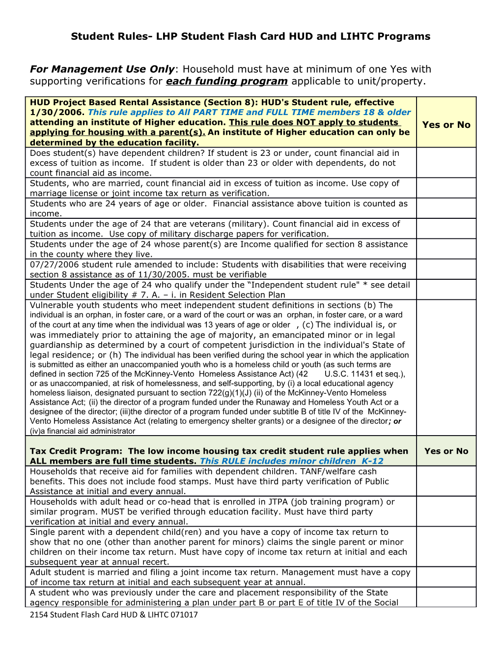 Student Rules- LHP Student Flash Card HUD and LIHTC Programs
