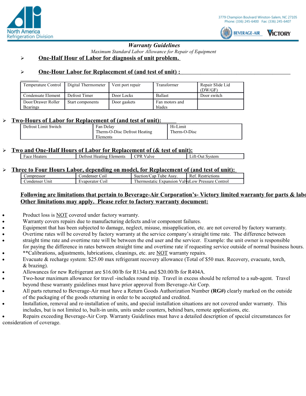 Maximum Standard Labor Allowance for Repair of Equipment