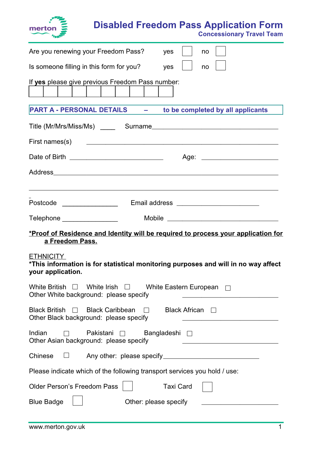 Disabled Freedom Pass Application Form