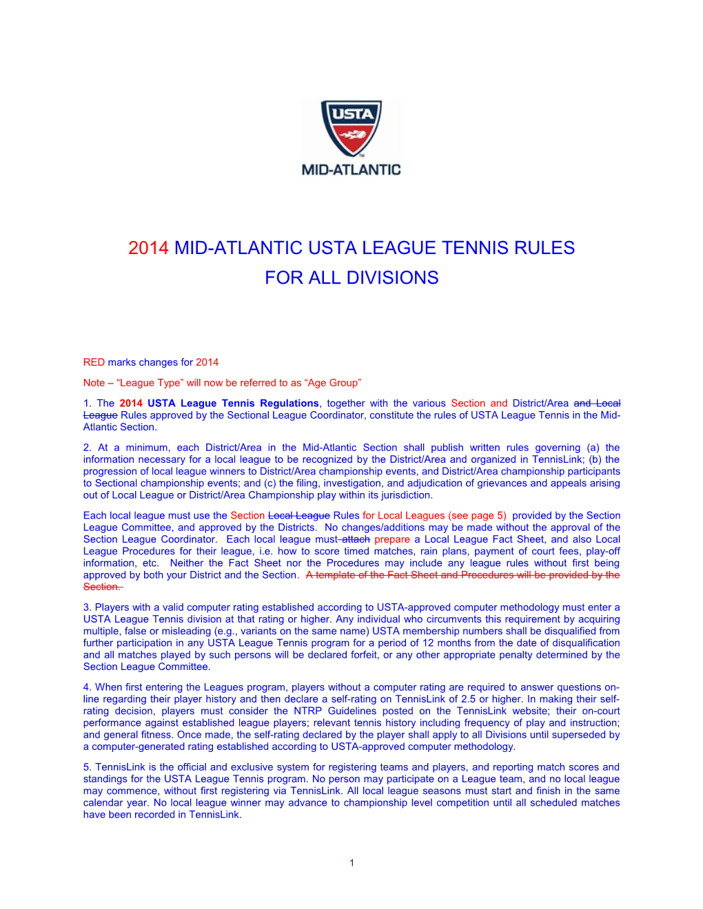 2014 Mid-Atlantic Usta League Tennis Rules