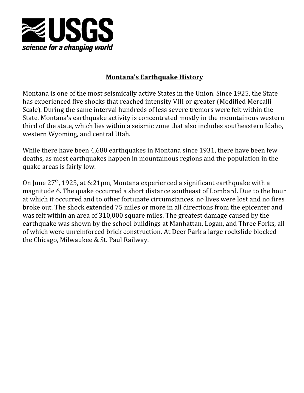 Montana S Earthquake History