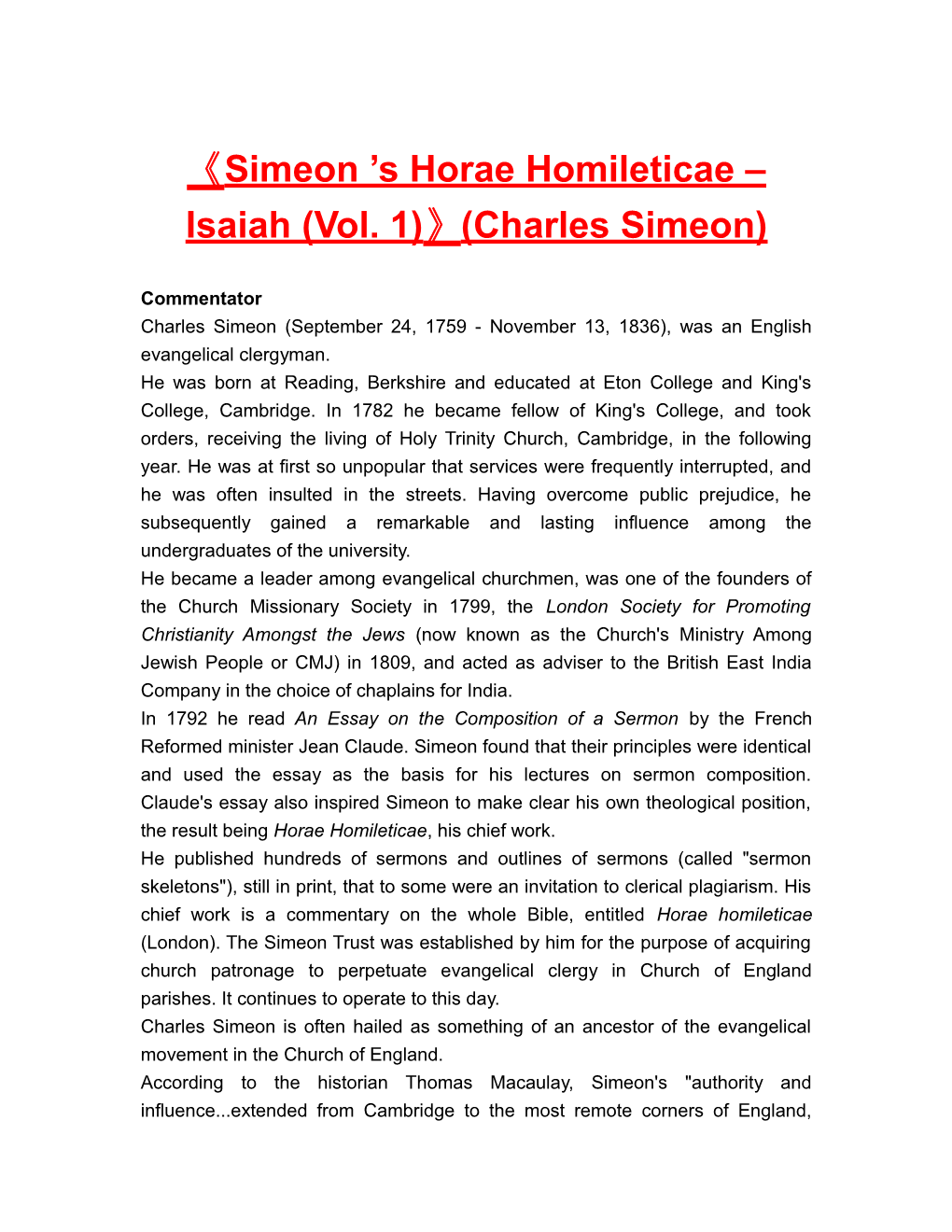Simeon S Horae Homileticae Isaiah (Vol. 1) (Charles Simeon)