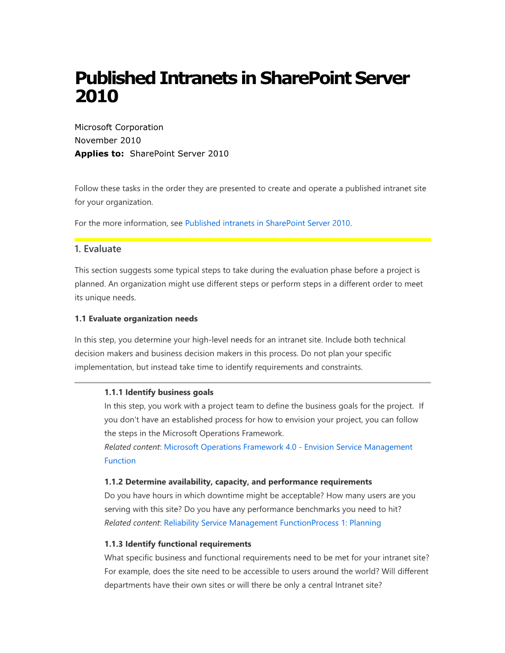 Published Intranets in Sharepoint Server 2010