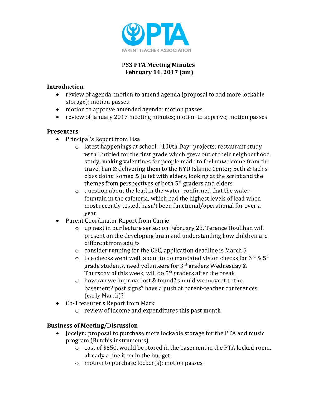 PS3 PTA Meeting Minutes
