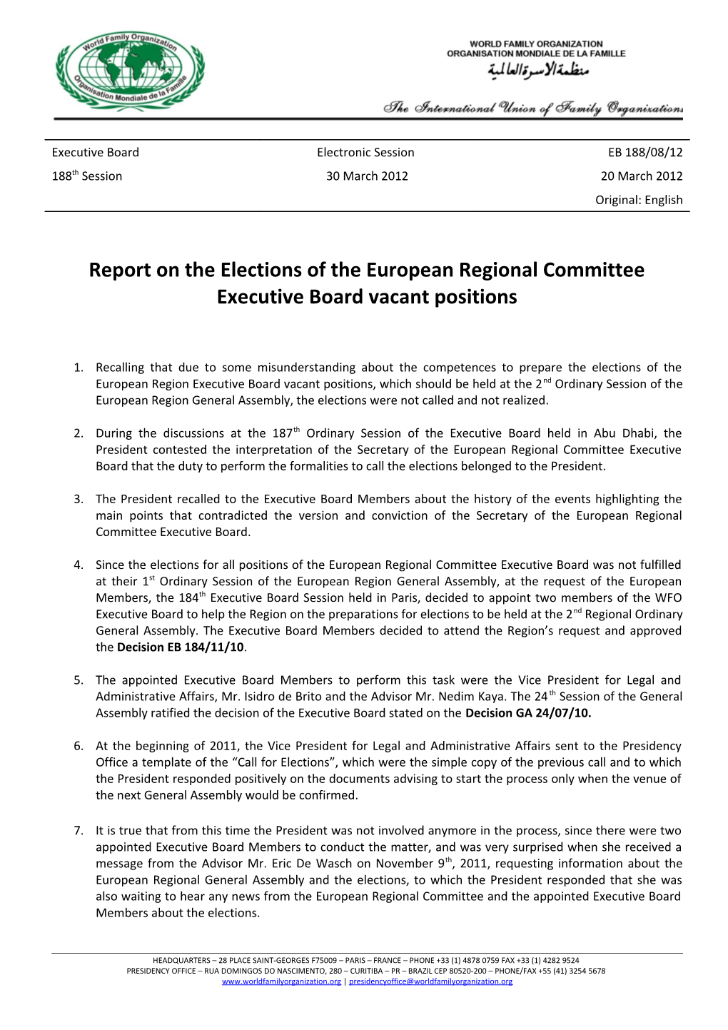 Report on the Elections of the European Regional Committee Executive Board Vacant Positions