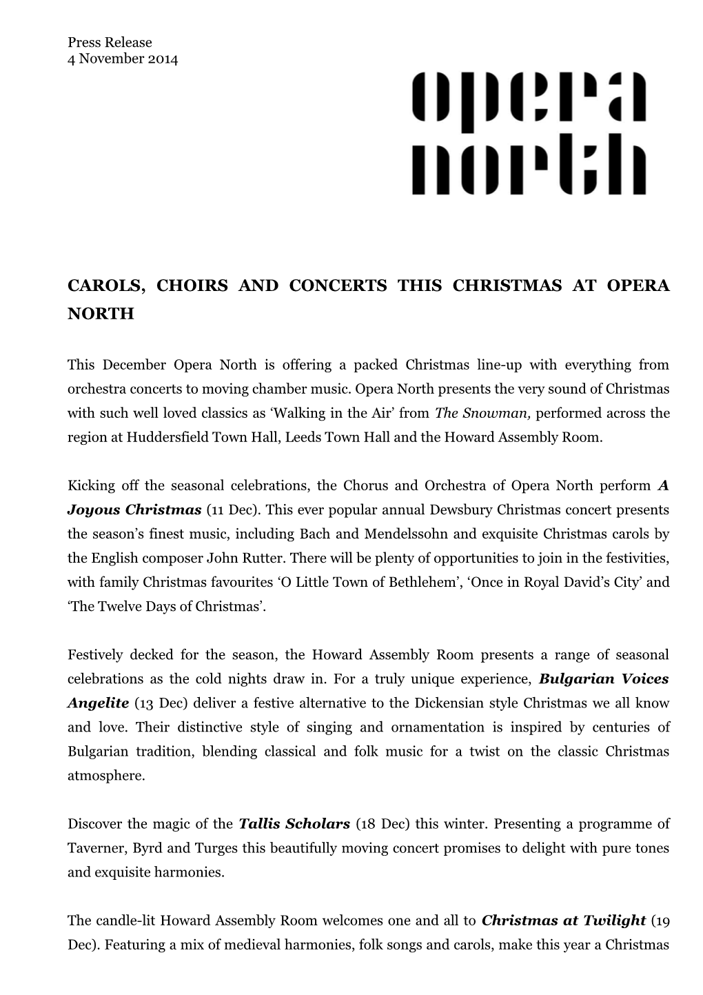 Carols, Choirs and Concerts for Christmas at Opera North
