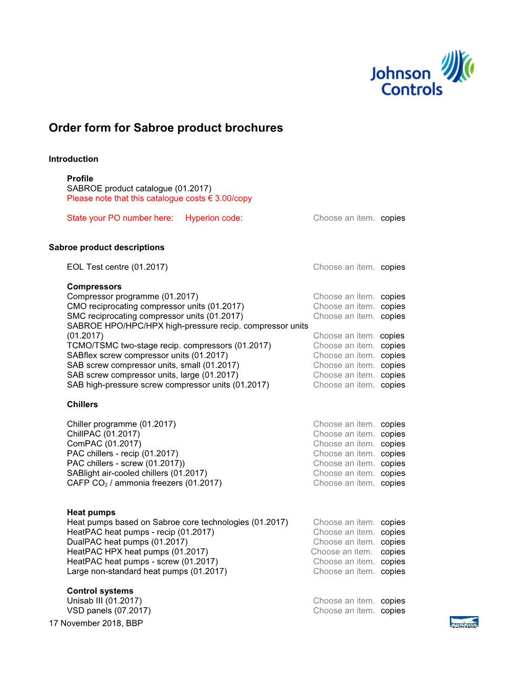 Order Form for Sabroe Product Brochures