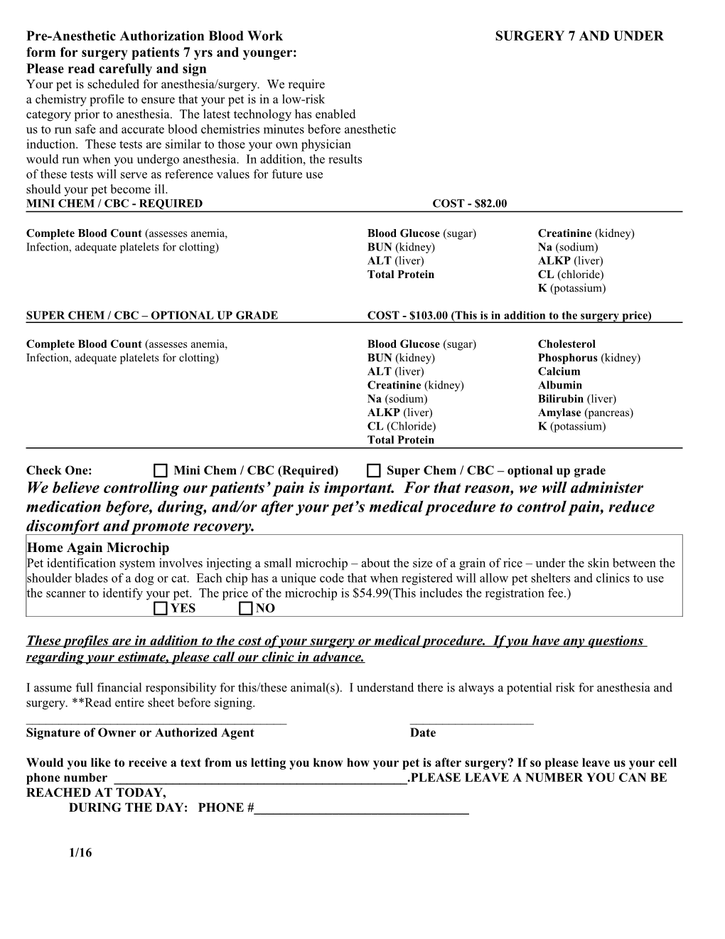 Pre-Anesthetic Authorization Blood Work SURGERY 7 and UNDER