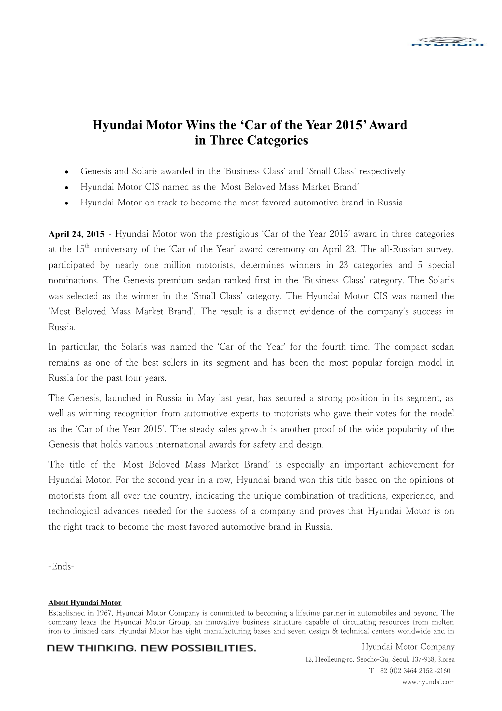Hyundai Motorwins the Car of the Year 2015 Award