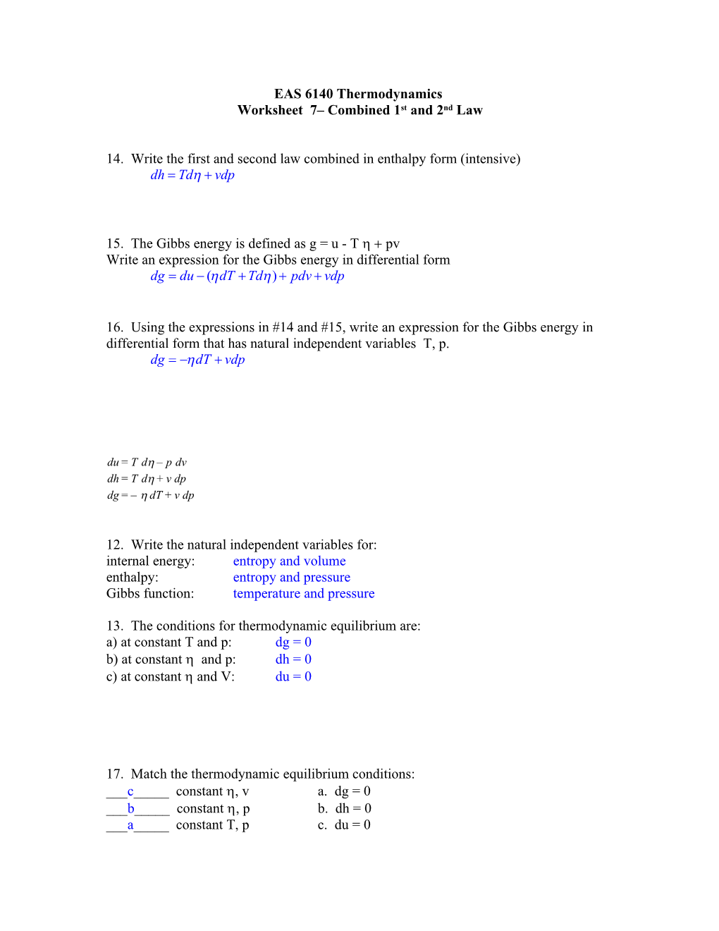 Worksheet 7 Combined 1St and 2Nd Law