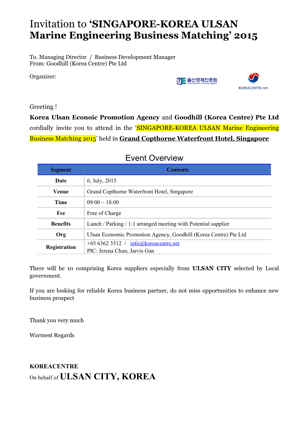 Invitation to SINGAPORE-KOREA ULSAN