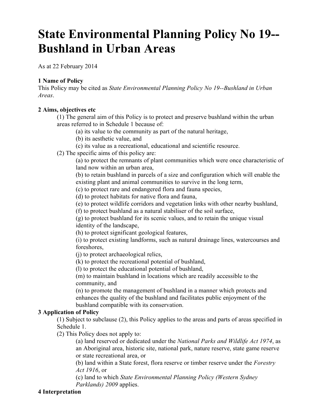 State Environmental Planning Policy No 19 Bushland in Urban Areas