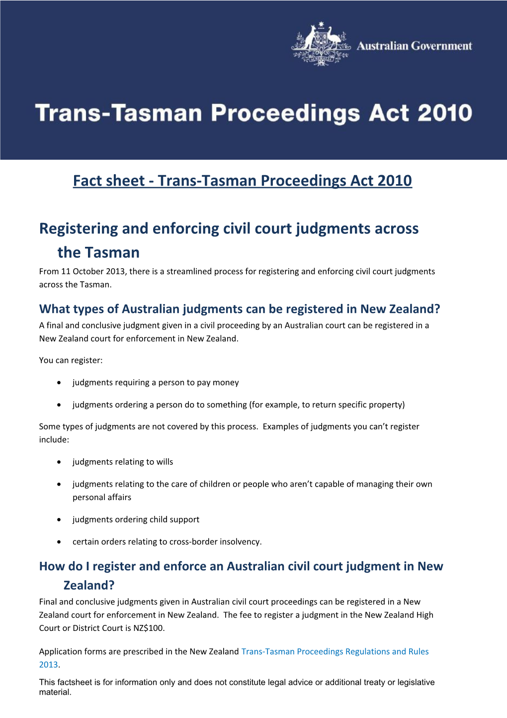 Fact Sheet - Trans-Tasman Proceedings Act 2010