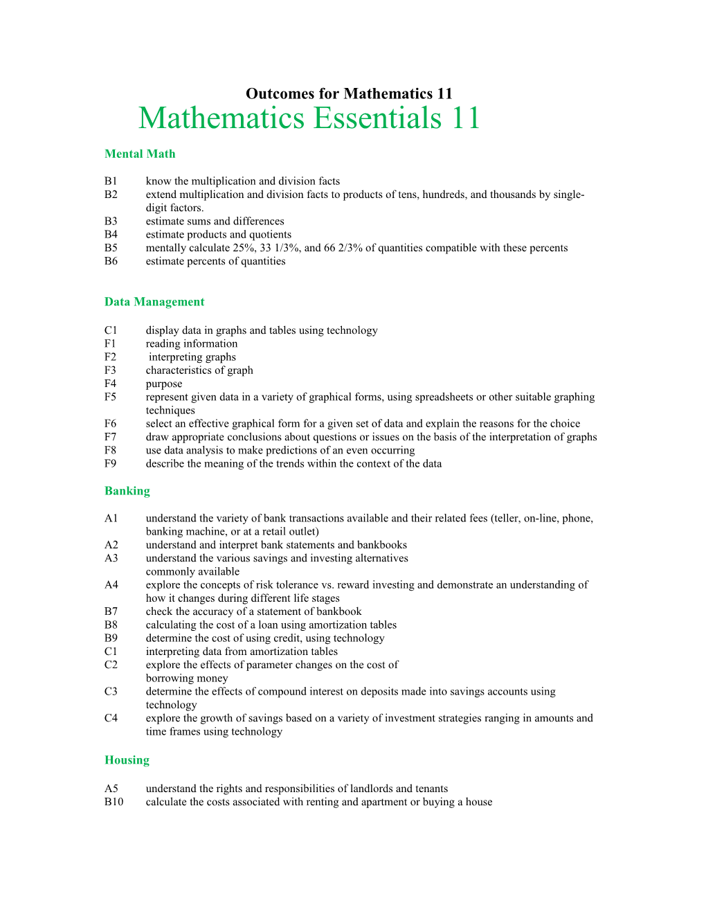 Outcomes for Mathematics 11