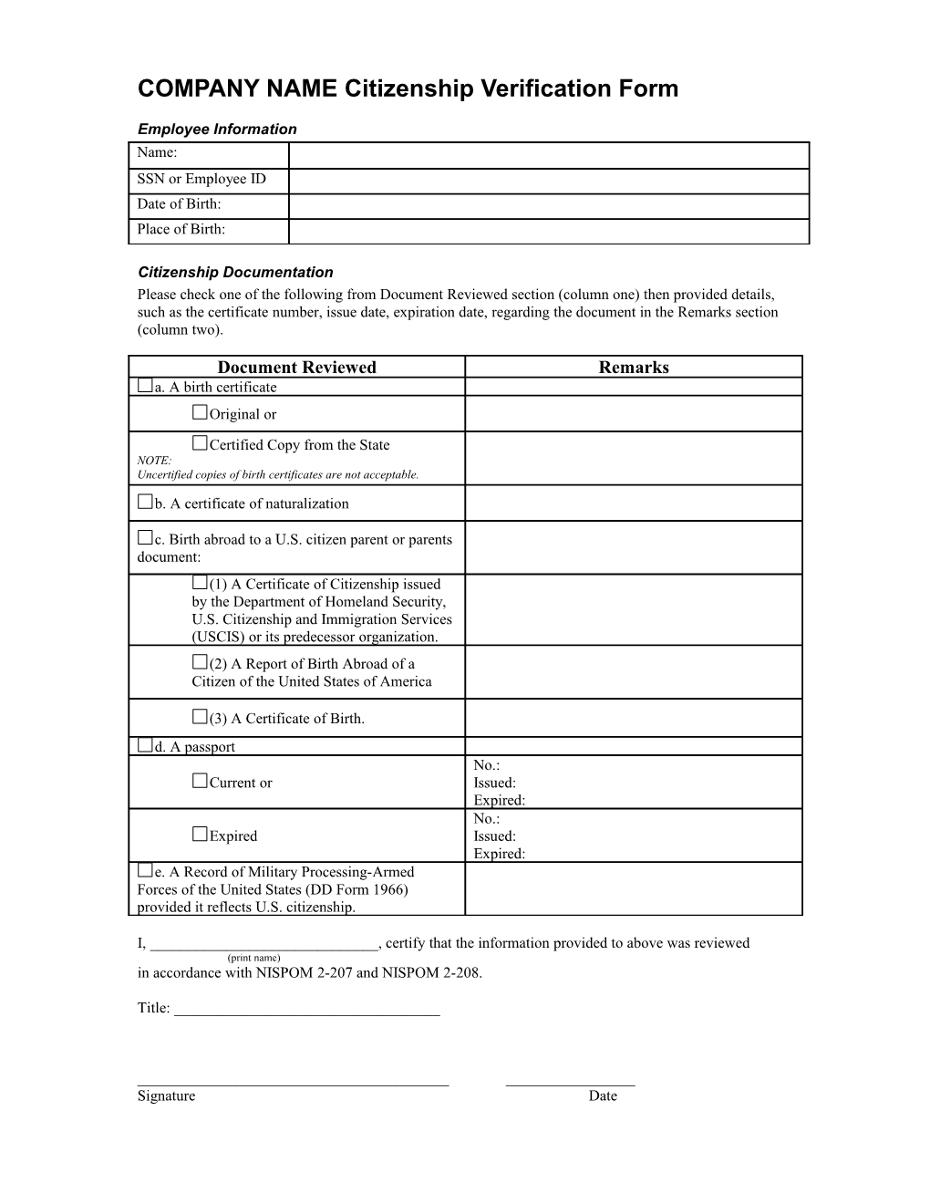 COMPANY NAME Citizenship Verification Form