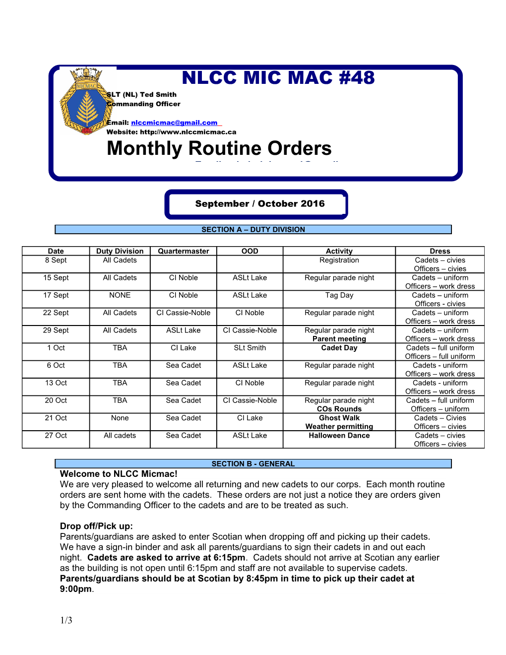 Monthly Routine Orders