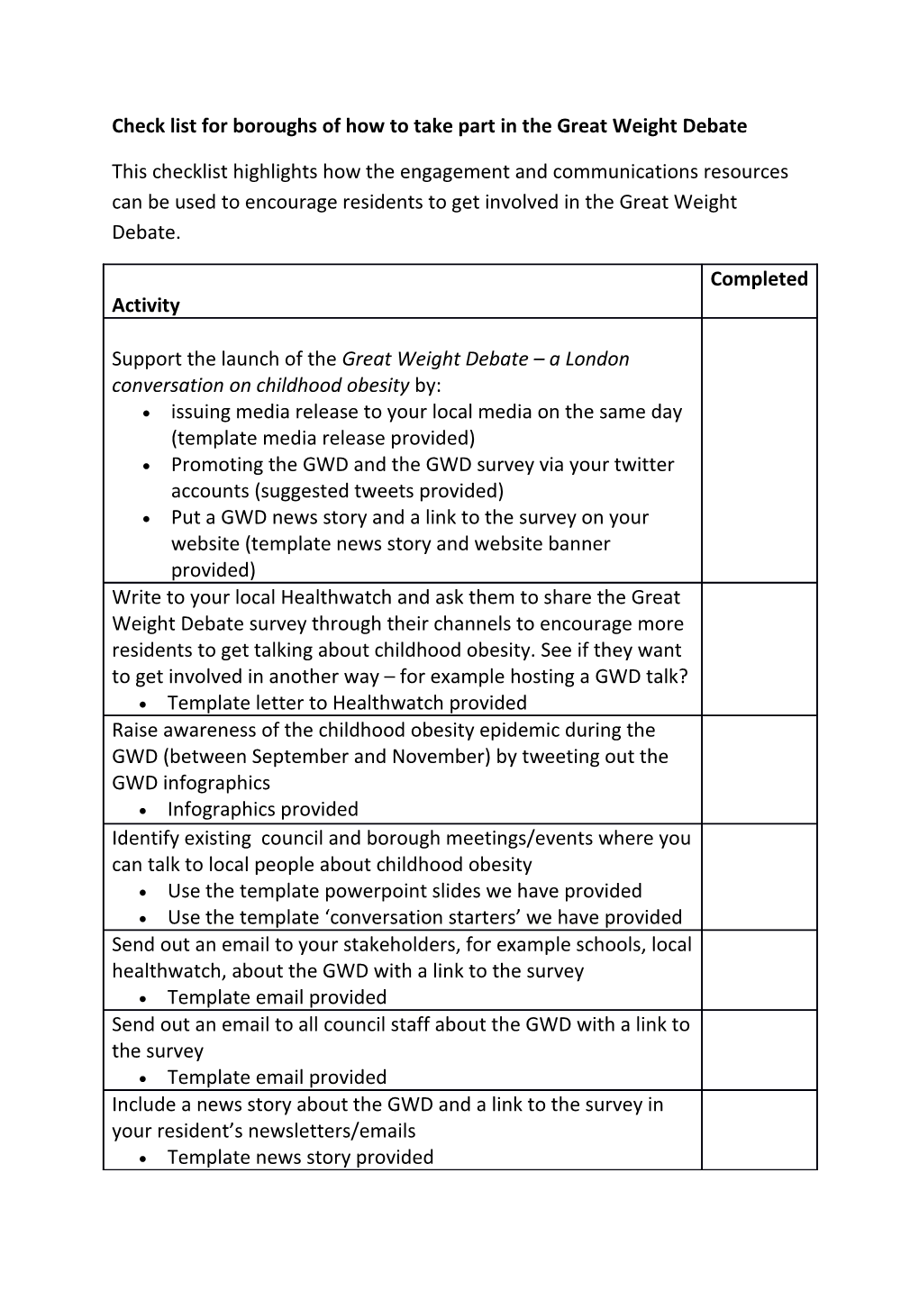 Check List for Boroughs of How to Take Part in the Great Weight Debate