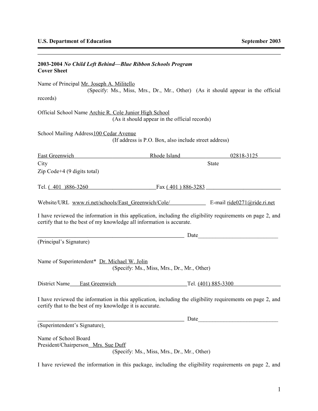 Archie R. Cole Middle School 2004 No Child Left Behind-Blue Ribbon School Application (Msword)